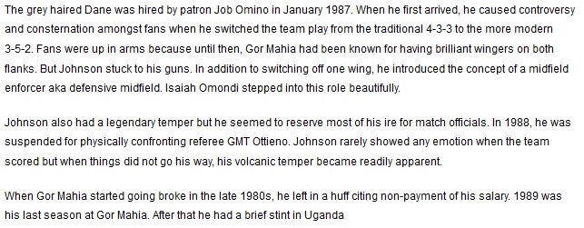 Jack Johnson Gor Mahia coach 1987